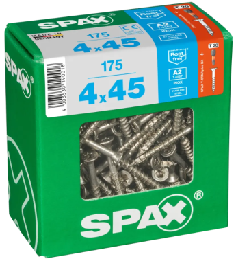 SPAX Edelstahlschraube, 4 x 45 mm, 175 Stück, Teilgewinde, Senkkopf, T-STAR plus T20, 4CUT, Edelstahl rostfrei A2, 4197000400456